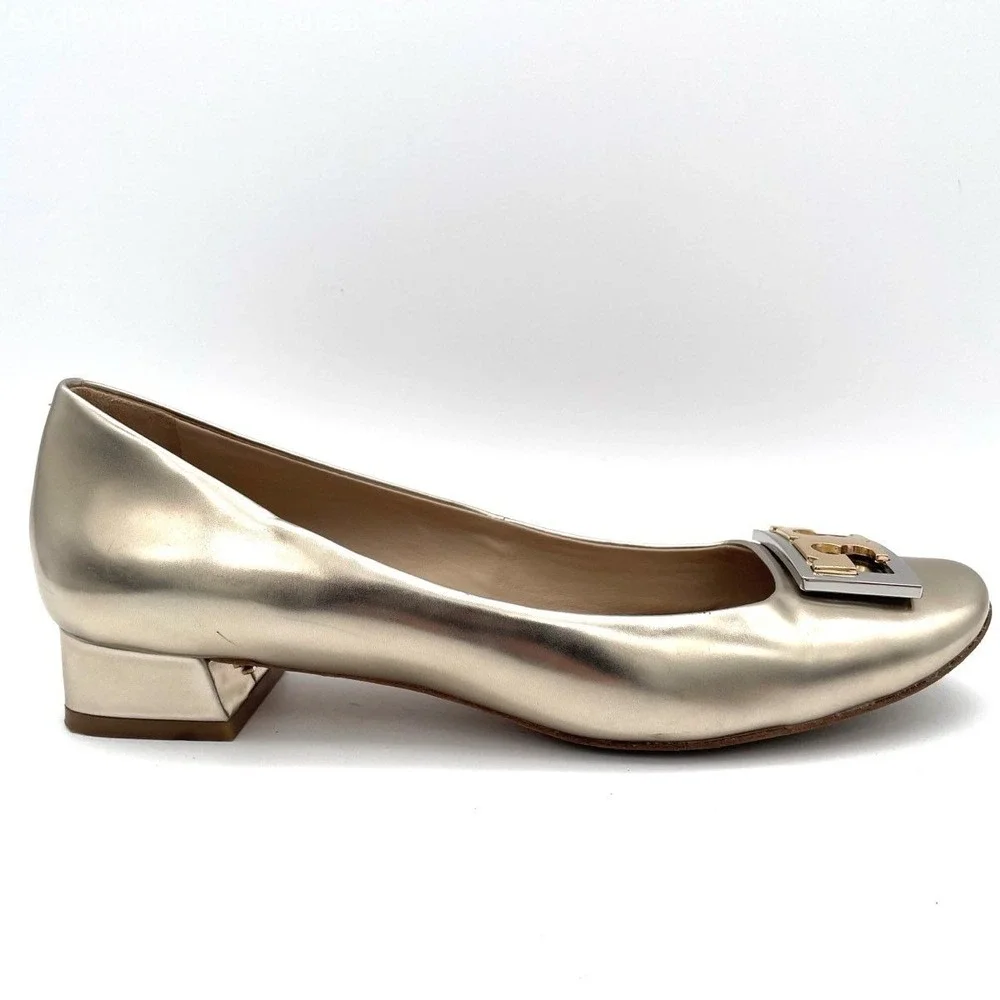 Tory Burch Gigi Block Heel Pumps Metallic Gold Leather Logo Shoes Women's 8M
